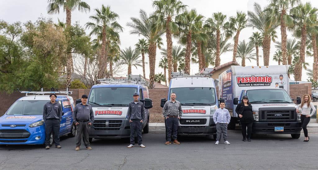 A group of six people stands in front of four branded service vehicles labeled "Passionate Cooling & Heating LLC." They are outdoors with palm trees in the background, wearing casual work attire.